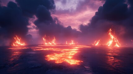 Glowing Lava Lake Under Dramatic Smoky Sky