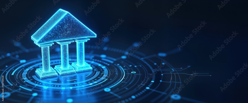 Poster glowing digital bank icon on dark blue backdrop. abstract tech design. empty space for mock-up. mode