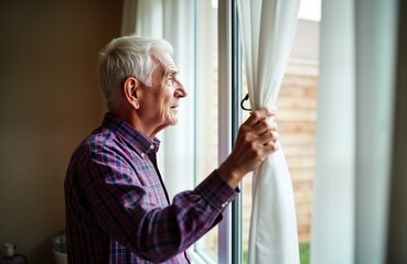 Elderly man stands at home window. Pulls white curtain. Looks outside. Indoor scene. Quiet moment. Older person enjoying view. Thoughtful expression. Possible mental health concern. Could in nursing
