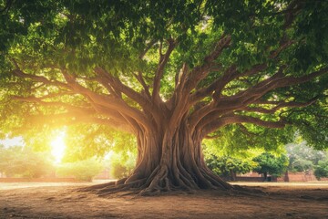 Majestic ancient tree with expansive branches basking in golden sunlight at dawn in a serene outdoor setting
