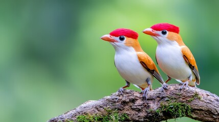 Fototapeta premium Two orange birds, full of life, sit on a mossy branch in a lush, rainy forest, creating a captivating scene that is ideal for nature-related projects, wildlife publications, or educational materials.