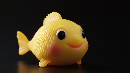 Cute yellow rubber bath toy fish on black background.