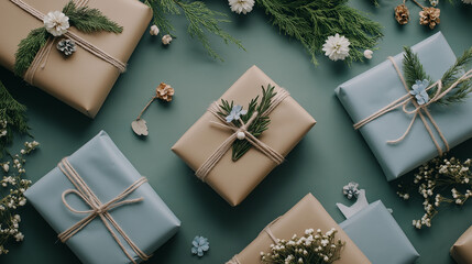 Creative Flat Lay of Eco-Friendly Packaging Featuring Paper Wraps, Reusable Boxes, and Recycled Materials for Sustainable Shipping Practices in a Brand Advertisement