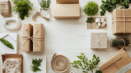 Creative Flat Lay of Eco-Friendly Packaging Featuring Paper Wraps, Reusable Boxes, and Recycled Materials for Sustainable Shipping Practices in a Brand Advertisement