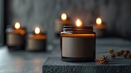 Minimalist handmade soy wax candles, dark glass jars with labels.