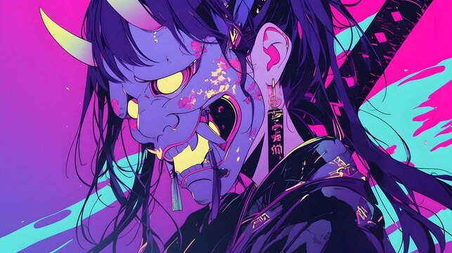 Cyberpunk anime girl wearing a Japanese oni mask with neon rainbow background, vibrant and moody.