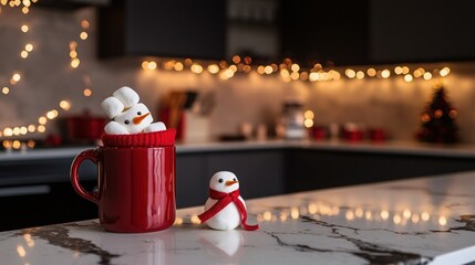 Winter vibes with a steaming mug and snowy rooftops