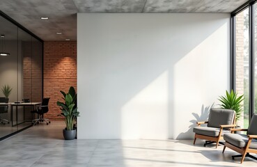 Modern office lobby with blank white wall. Gray concrete floor. Stylish grey armchairs. Plants add greenery. Natural daylight through large window. Empty space ready for design ideas. Pro, elegant