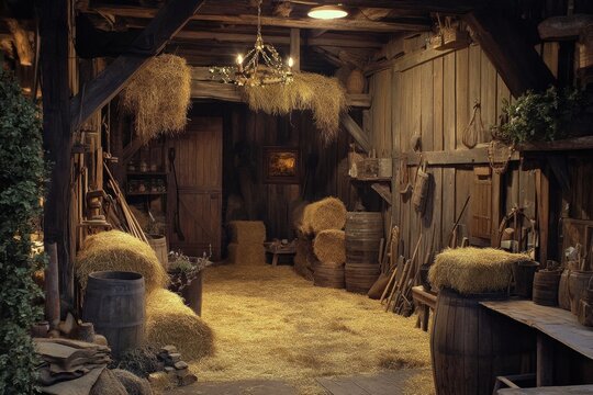 Rustic barn interior with hay bales and vintage farming tools illuminated by warm light