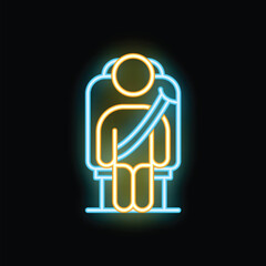 Neon icon of a passenger sitting with fastened seat belt in an airplane, train, or other public transportation
