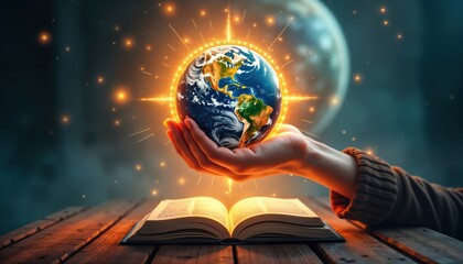 Fototapeta premium Hand holds glowing Earth globe surrounded by aura of light. Open book rests on wooden surface. Scene suggests knowledge, wisdom, enlightenment. Image evokes concept of understanding world through