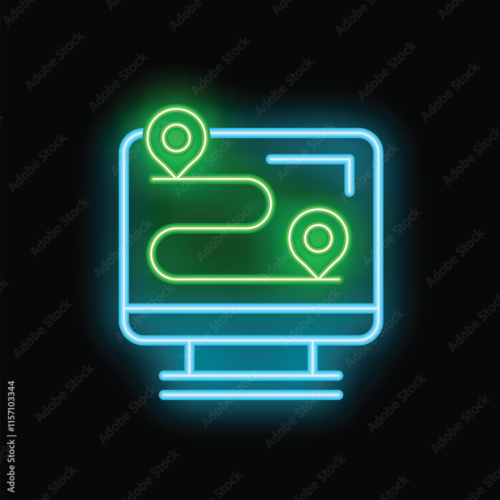 Poster neon computer screen showing gps navigation with pin pointer on the map, travel and journey concept