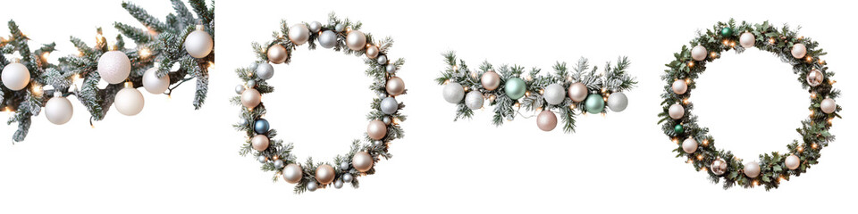 Elegant Christmas wreath made with pine branches white and golden ornaments and other seasonal elements displayed on a white background  The wreath has a luxurious and festive appearance