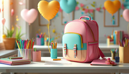 Vibrant classroom with school supplies and balloons