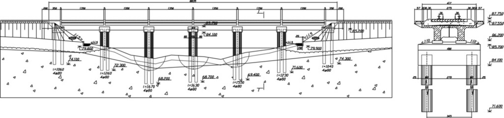Vector sketch illustration of bridge construction detail design silhouette with dimensions and sections.eps
