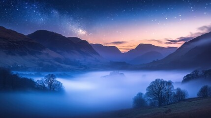 Majestic Night Sky Over Misty Valleys and Mountains at Sunset