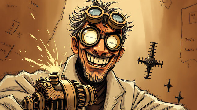 crazy scientist, Quirky crazy scientist with wild hair and goggles, holding a strange device, exuding eccentricity in a lab