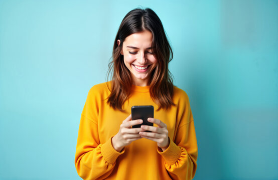 Young attractive woman using mobile phone. She wears bright yellow sweater against vibrant blue background. She looks happy and focused on her phone. Modern tech communication concept. Casual fashion.
