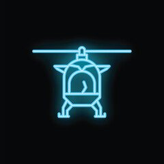 Bright blue neon helicopter is flying on a black background