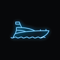 Blue neon illustration of a yacht sailing on water at night