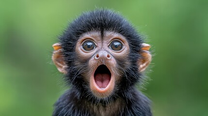 Fototapeta premium A black primate with an orange tooth protrudes from lush green foliage, showcasing its natural habitat and playful demeanor in the wild.