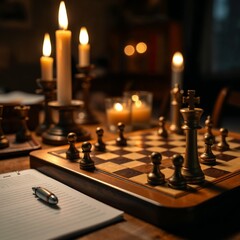 Chessboard with pieces and candles creating a warm atmosphere, symbolizing strategy and the importance of rules in the game