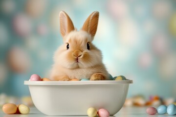 A charming Easter Bunny playfully sits amidst a vibrant array of colorful eggs in a festive...