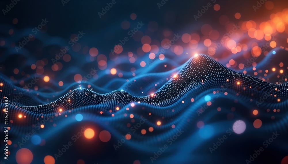 Poster Abstract digital background. Wavy patterns of glowing dots. Vivid colors. Technological innovation. Modern design. Futuristic illustration. Data flow visualized. Digital transformation era. Abstract