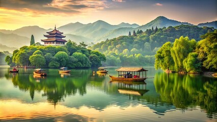 Fototapeta premium Vintage Summer Hangzhou West Lake Scenery: Serene Boats & Lush Greenery