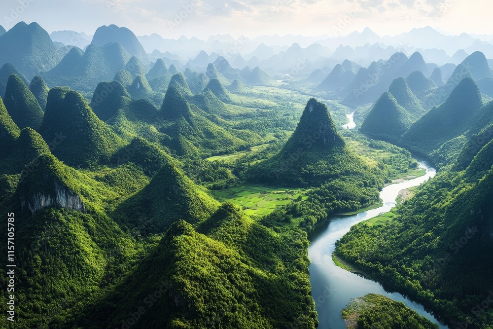 Poster lush green karst peaks create a mesmerizing landscape as a river winds through, showcasing an idylli