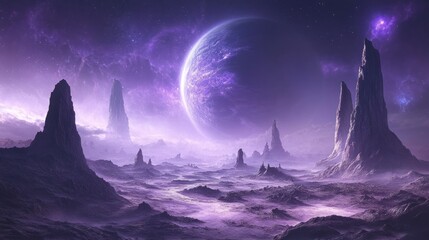 Fototapeta premium A barren alien world with sharp, towering rocks in the distance, framed by the massive silhouette of a planet, its atmosphere glowing in vibrant shades of purple and blue.