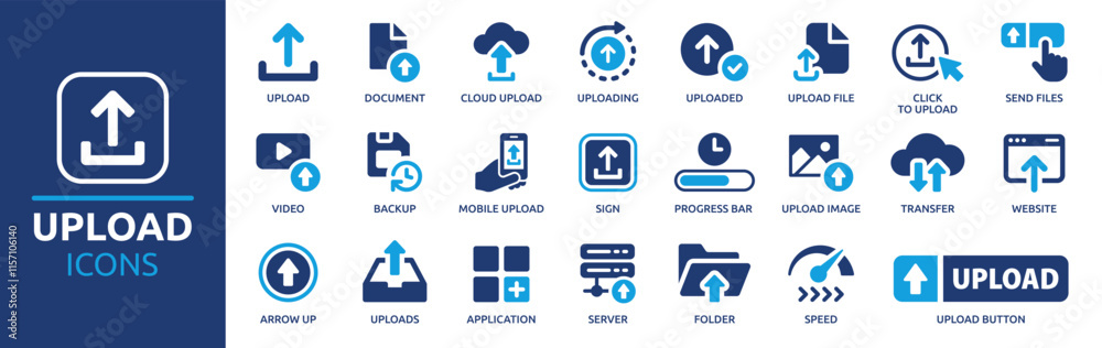 Aufkleber upload icon set. containing uploading, file, button, transfer, server, document, uploaded, arrow up,