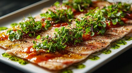 A close-up view of exquisite appetizer plating with microgreens and drizzled sauces, illuminated by soft studio lighting.