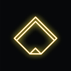 Bright yellow neon sign in the shape of a square with an empty center is glowing on a black background
