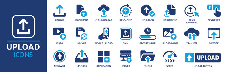Upload icon set. Containing uploading, file, button, transfer, server, document, uploaded, arrow up, cloud upload and more. Solid vector icons collection.