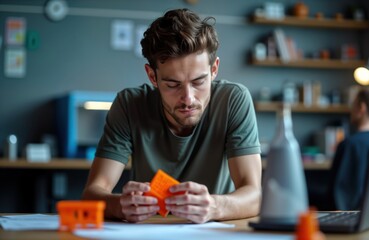 Fototapeta premium Young man studies 3D printed model in workshop. Examines details of prototype. Modern tech lab setting. Learning design, engineering concepts. Student works on project, likely in college university.
