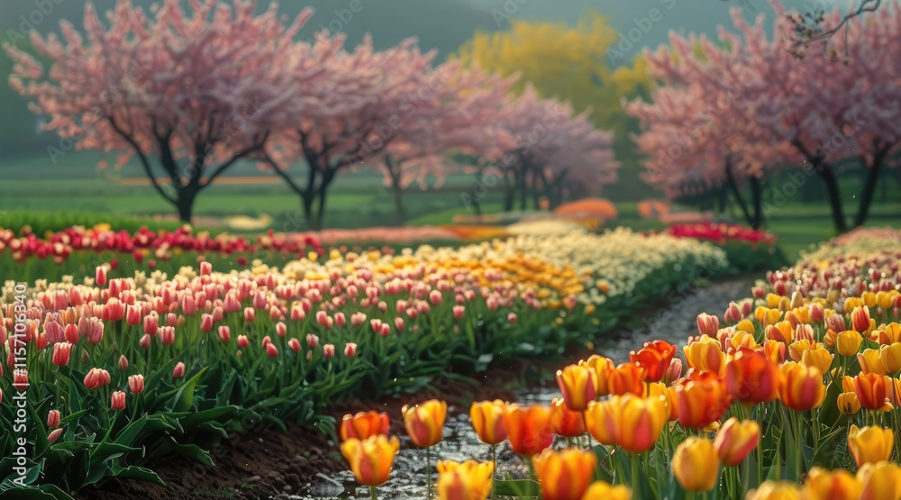 Poster spring rainy day blooming sakura garden and in the field red yellow tulips, sakura trees in the dist