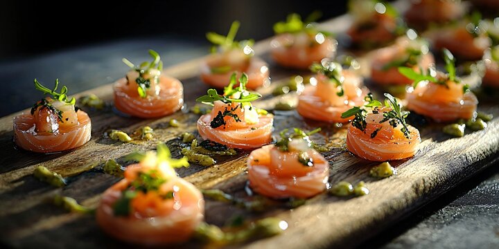 A high-angle view of small bites arranged artistically on a wooden board, with soft lighting emphasizing the details.
