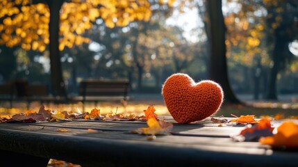 A vibrant orange heart placed in a peaceful autumn park filled with colorful leaves and serene benches.