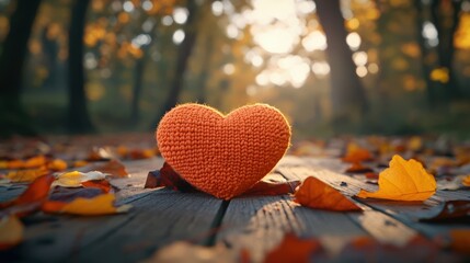 A Cozy Orange Heart Amid Autumn Leaves in a Sunlit Forest