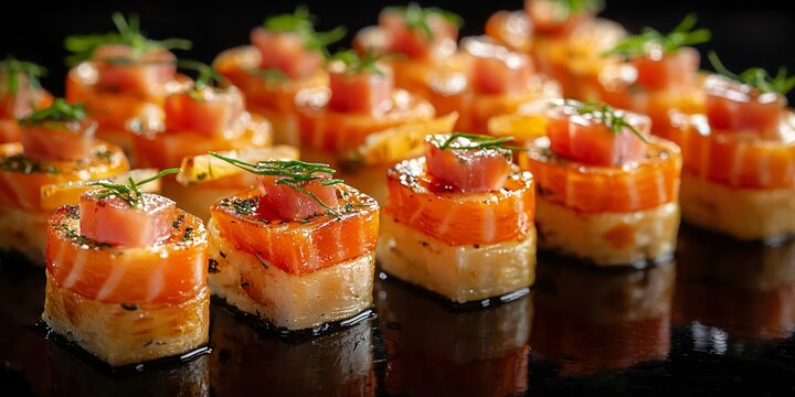 A modern arrangement of hors d'oeuvres with artistic plating on a glossy black background under professional lighting.
