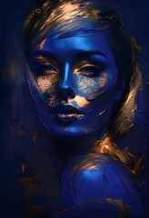 Evocative Abstract Portrait of a Woman in Deep Indigo and Metallic Copper with Highlighted Eyes