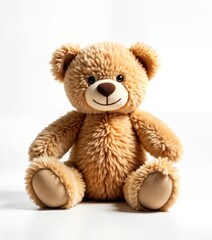Obraz premium Adorable teddy bear sits isolated on white backdrop. Brown stuffed animal cute, cuddly. Toy ideal for kids. Perfect gift for children. Soft plush toy. Sweet, simple presentation. Photo suitable for