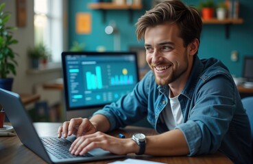 Man works on laptop in home office. Looks happy, focused. Charts, graphs on computer screen show data analysis. Modern office workplace. Person analyzes data on laptop. Positive person working on