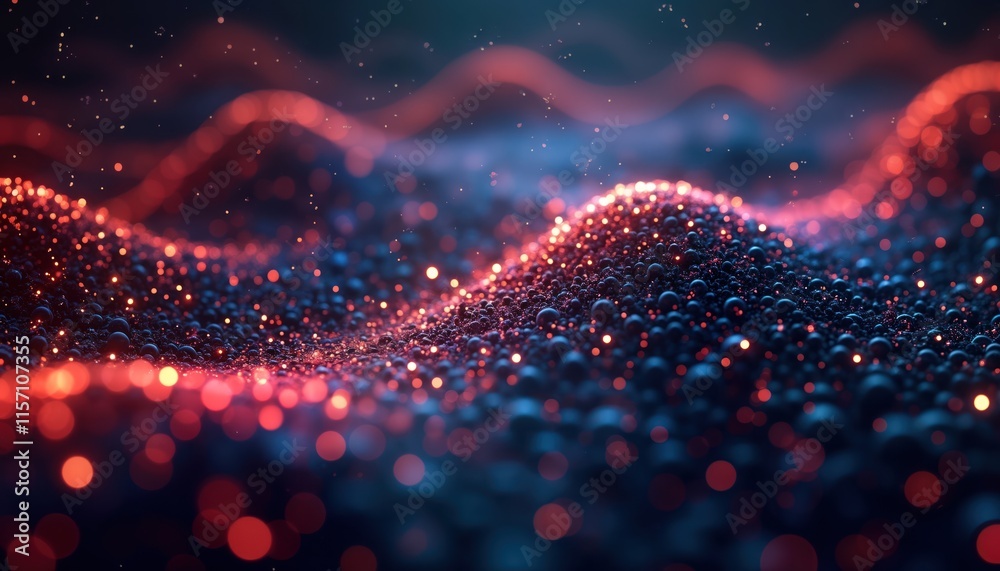 Poster Abstract 3D digital background with glowing particles, shapes. Dynamic pattern suggests tech processes, network abilities. Futuristic design perfect for digital storage concepts educational tech