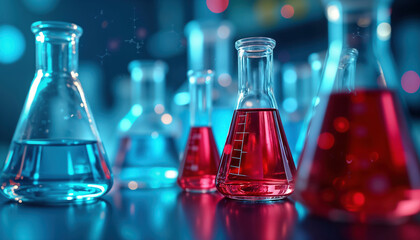 Laboratory glassware filled with blue, red liquids. Science research in modern medical tech lab. Colorful flasks, vials for experiments. Potential for biotech pharma research. Medical science