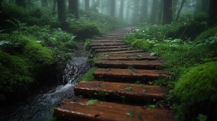 Misty forest path with wooden steps beside stream.