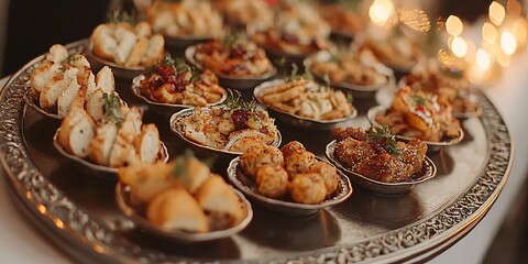Fototapeta premium A visually stunning assortment of appetizers on a metallic tray, with soft lighting highlighting the intricate details.