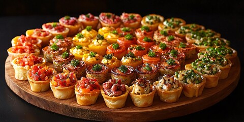 An artistic presentation of small bites arranged in a circular pattern on a wooden platter, perfectly lit for a professional look.