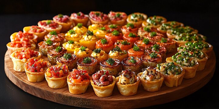 An artistic presentation of small bites arranged in a circular pattern on a wooden platter, perfectly lit for a professional look.